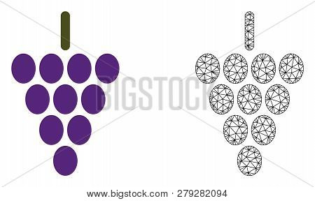 Polygonal Mesh Grape Berry And Flat Icon Are Isolated On A White Background. Abstract Black Mesh Lin