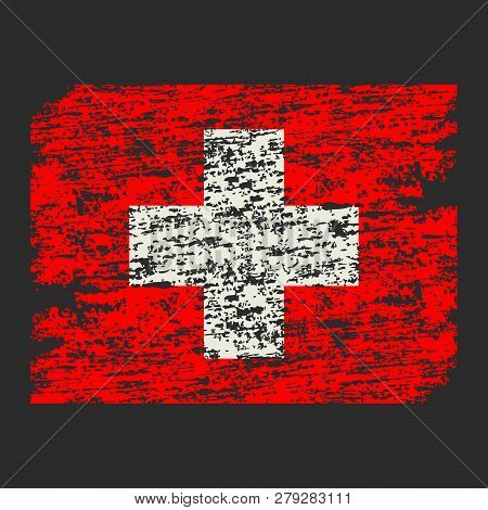 Flag Of Switzerland. Brush Painted Flag Of Switzerland. Hand Drawn Style Illustration With A Grunge 