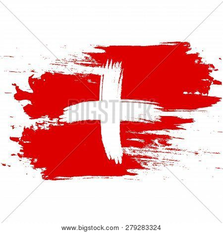 Flag Of Switzerland. Brush Painted Flag Of Switzerland. Hand Drawn Style Illustration With A Grunge 