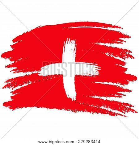 Flag Of Switzerland. Brush Painted Flag Of Switzerland. Hand Drawn Style Illustration With A Grunge 