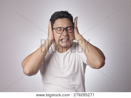 Young Man Close His Ears Dont Want To Hear Something Bad