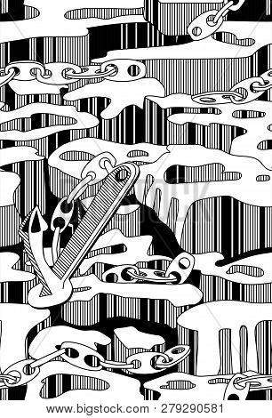 Black And White Hand Drawn Seamless Pattern Of Rocks, Chains And Anchor. Can Be Used For Cover Desig