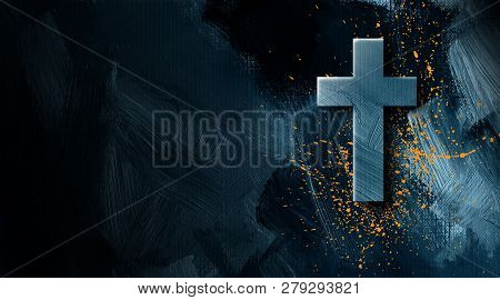 Graphic Illustration Of The Christian Cross Of Jesus Christ With Grunge Type Splatter Signifying His