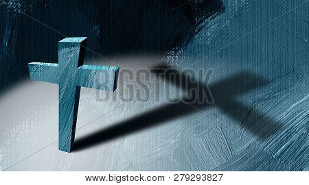 Graphic Illustration Of The Christian Cross Of Jesus Christ Casting A Long Shadow Against Paint Stro