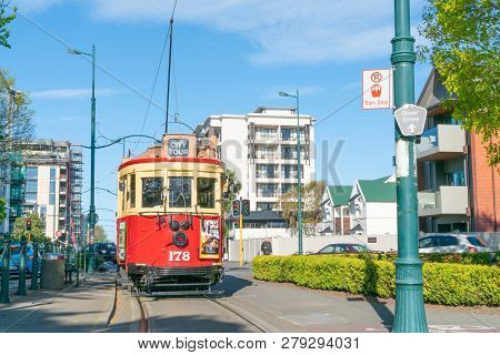Christchurch New Zealamd October 9 2018; Number 178 City Tour Vintage Style Tram En-routre In Street