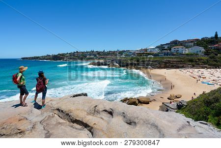 Unrecognizable People Enjoying The View Of Tamarama Beach During Bondi To Coogee Coastal Walk From T