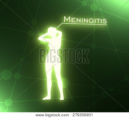 Young Lady Rise Her Hands To Head. Meningitis Text. Silhouette Of Woman Suffering From Head Migraine