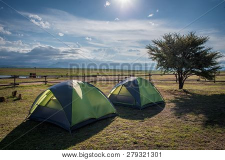 Two Tents Pitched At Amphitheatre Backpackers Near Royal Natal National Park In Kwazulu Natal, South