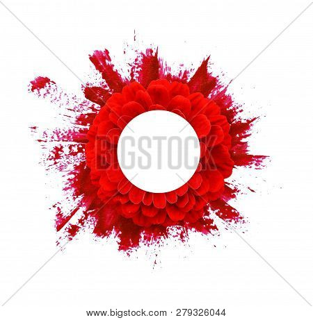 Red Zinnia Flower And Round Card For Text On Paint Brushstroke Isolated On White Background. Top Vie