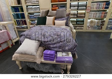 Moscow, Russia - January 18. 2019. Bed With Pillows In Interior Of The Turkish Arya Home Store