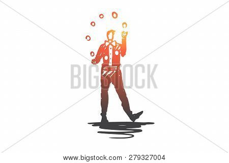 Circus, Artist, Clown, Performance, Show Concept. Hand Drawn Entertainment With Performer In Circus 