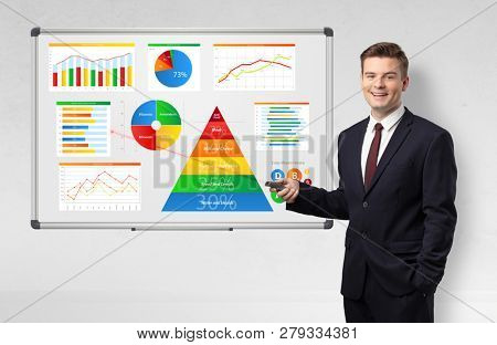 Handsome businessman presenting health reports on white board with laser pointer 