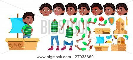 Black, Afro American Boy Kindergarten Kid Vector. Animation Creation Set. Emotions, Gestures. Little