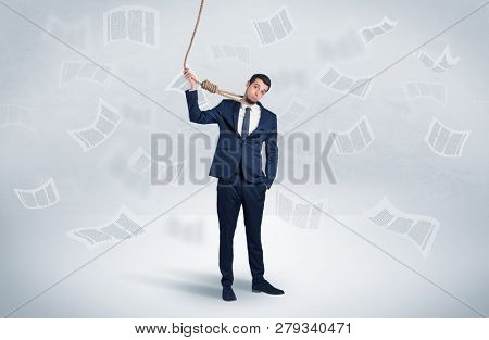 Young burnout businessman with flying documents concept