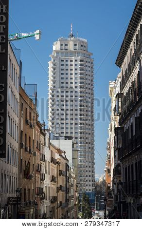Madrid - March 13, 2016: Views Of The Tower Of Madrid (torre De Madrid) From Leganitos Street, In Ma