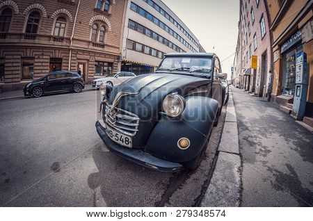 Helsinki, Finland - May 16, 2016: Old Car Black Citroen 2cv. Distortion Perspective Fisheye Lens