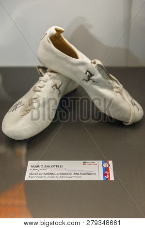 Milan, Italy - December 2017: Mario Balotelli Sports Shoes In The Museum Of San Siro Stadium
