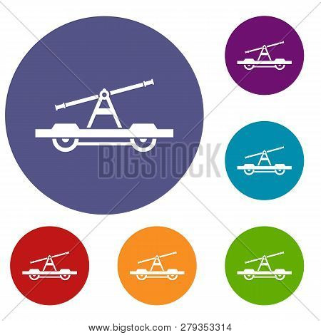 Draisine Or Handcar Icons Set In Flat Circle Reb, Blue And Green Color For Web