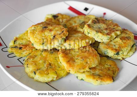 Potato Pancakes With Green Onions. Draniki - Potato Fritters. The Naitonal Dish Of Belarus, Ukraine 