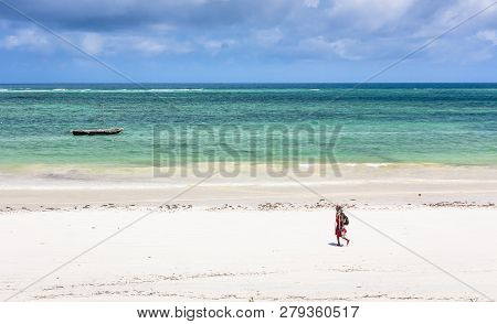 Diani Beach, Kenya - October 09, 2018: Unindentified African Man Wearing Traditional Masai Clothes O