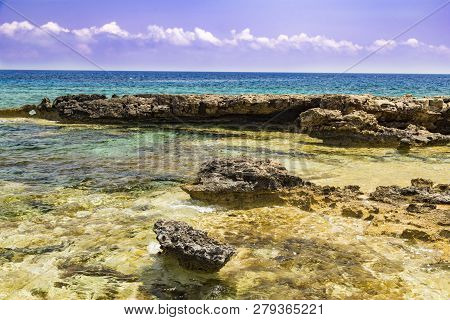 Seascape With Rocks , Turquoise Sea And Blue Sky , Shore Of The Mediterranean Sea. Coast Of Island C