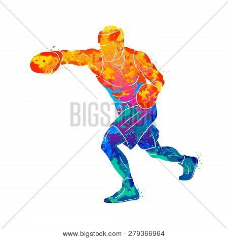 Abstract Boxer Man, Mixed Martial Arts Fighter From Splash Of Watercolors. Vector Illustration Of Pa