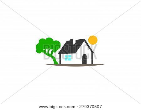 Home Beside Tree And Sun Up House Logo