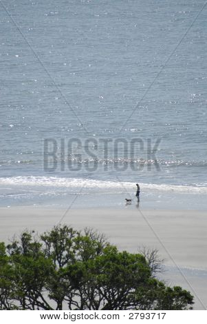Jacht Island vuurtoren weergave van vrouw en hond.