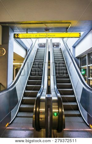 Poznan, Poland - November 21, 2018: Escalator In The Kaponiera Underground Passage Leading To The Sw