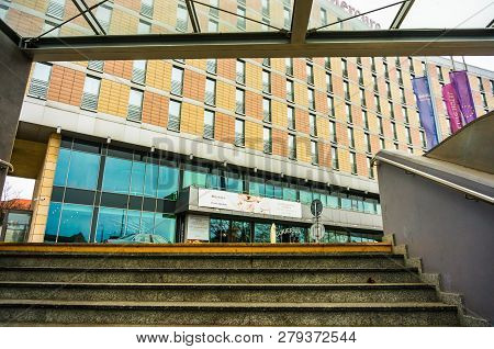 Poznan, Poland - November 21, 2018: Stairs With Yellow Mark Leading From The Kaponiera Underground P