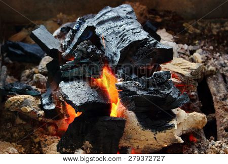 Burning Wooden Coals On Outdoors For Grill And Bbq. Live Red Coals
