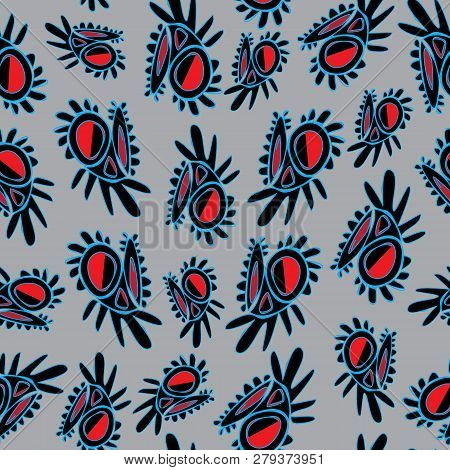 Flower Bloom-abstract Shapes Seamless Repeat Pattern In Blue, Red And Blak On Grey Background. Moder