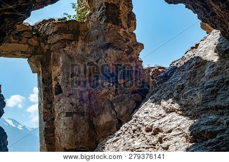 Medieval Rock Fortress In North Ossetia Alania, Russia, Dzivgis Village. Medieval Monument Of Archit