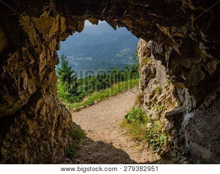 Tunnel Exit On Road Of 52 Tunnels On The Pasubio Massif In Veneto, Italy.