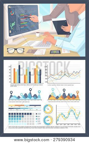 Infographics And Pie Diagrams, People Working On Research Vector. Tables With Numeric Data, Visualiz