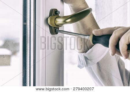Gold Pen. Fasten The Window Handle Screw To The Pvc Window