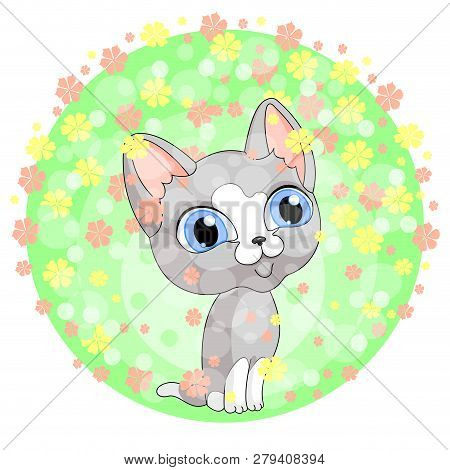 Gray Kitten Green Spring Background Illustration Vector