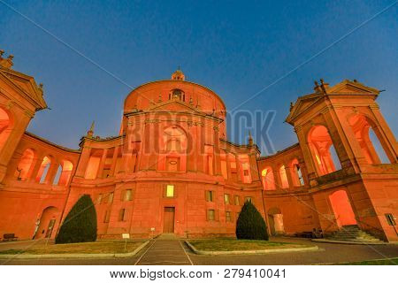 Sanctuary Of Madonna Di San Luca Basilica Church Illuminated At Blue Hour. Central Facade Of Cathedr