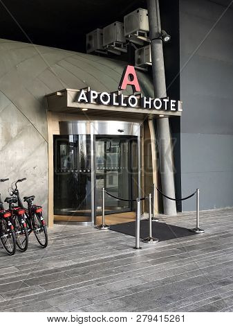 Almere Stad, The Netherlands - Januari 19, 2019: Entrance Of Apollo Hotel Almere.