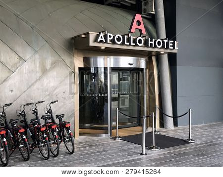 Almere Stad, The Netherlands - Januari 19, 2019: Entrance Of Apollo Hotel Almere.
