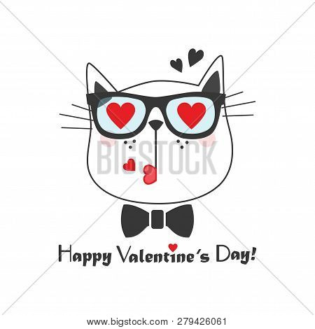 Black Line Cute Kissing Cat Face Icon With Heart Sunglasses And Bow Tie And Happy Valentines Day Mes