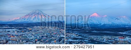 Set Of Panoramic View Of The City Petropavlovsk-kamchatsky And Volcanoes: Koryaksky Volcano, Avacha 