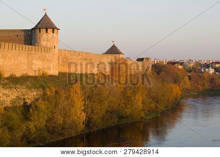 October Evening At The Walls Of The Ivangorod Fortress. Leningrad Region, Russia