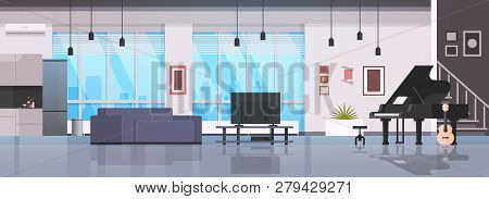 Contemporary Home Hall Musical Instruments Piano Guitar Empty Nobody House Room Modern Apartment Int