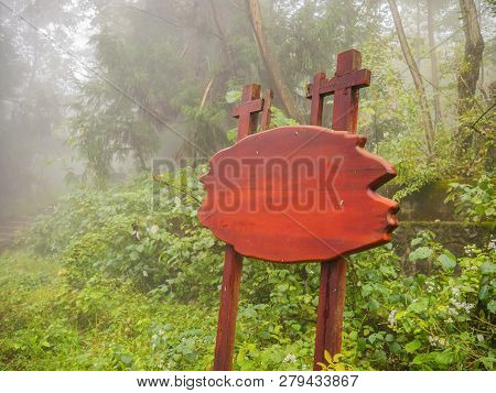Blank Wooden Banner On The Mountain In Foggy Day
