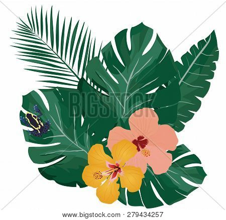 Vector Illustration Of Tropical Palm Leaves, Flowers And Poison Dart Frog Background. Nature Abstrac