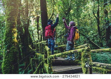 Couples Traveling, Relax In Winter. Walking Travel To Study Nature In The Rainforest. At The Angka, 