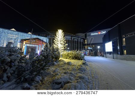 Editorial: Kuusamon City, Finland, 27th December 2018. Holiday Club Kuusamon Tropiikki With Heavy Sn