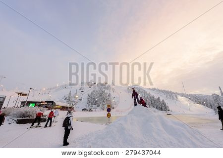 Editorial: Rukatunturi, Finland, 28th December 2018. Rukatunturi Ski Jumping Hill At Ruka Ski In Win