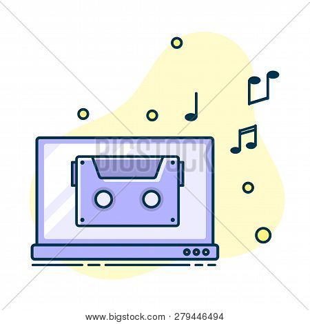 Notes Flow From Laptop. Concept Of Music Playing